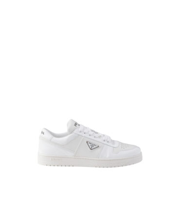 Home 25 Prada Leather White Low-top Sneakers With Silver Logo Plaque