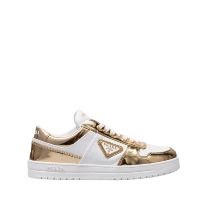 Prada White and Gold Low-Top Leather Sneakers