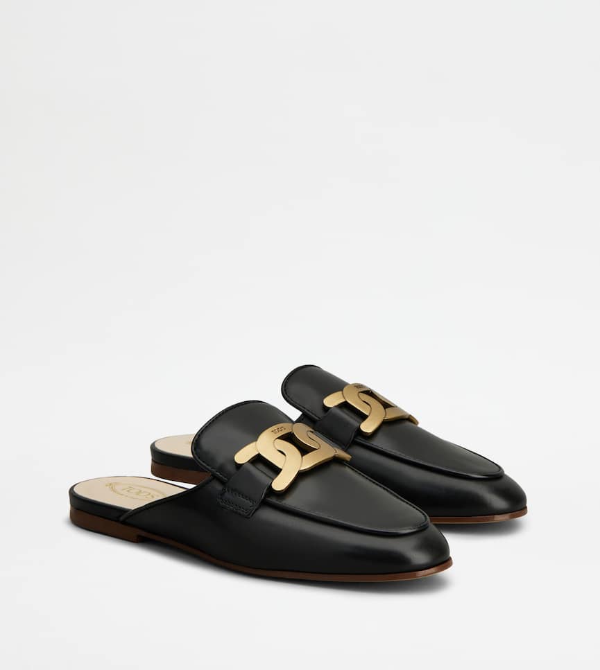 TOD'S Leather Chain Mules – Black & Gold 2 TOD'S Leather Chain Mules – Black & Gold - Image 2