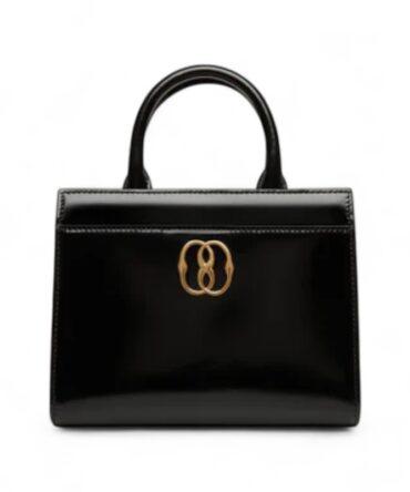 Bally Black Patent Leather Top Handle Bag with Gold Logo
